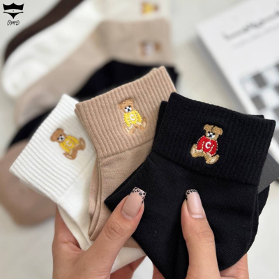 جوراب نخی نیم ساق گل دوزی کش دوبل تدی قهوه ای کد۱۶۱۶۳۴🌺بسته 10 تایی