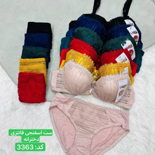 ست شورت سوتین اسفنجی فنردار دخترانه رویه توربافت 3363کاپ A کد۲۰۲۴۰۷👙 بسته 6 تایی
