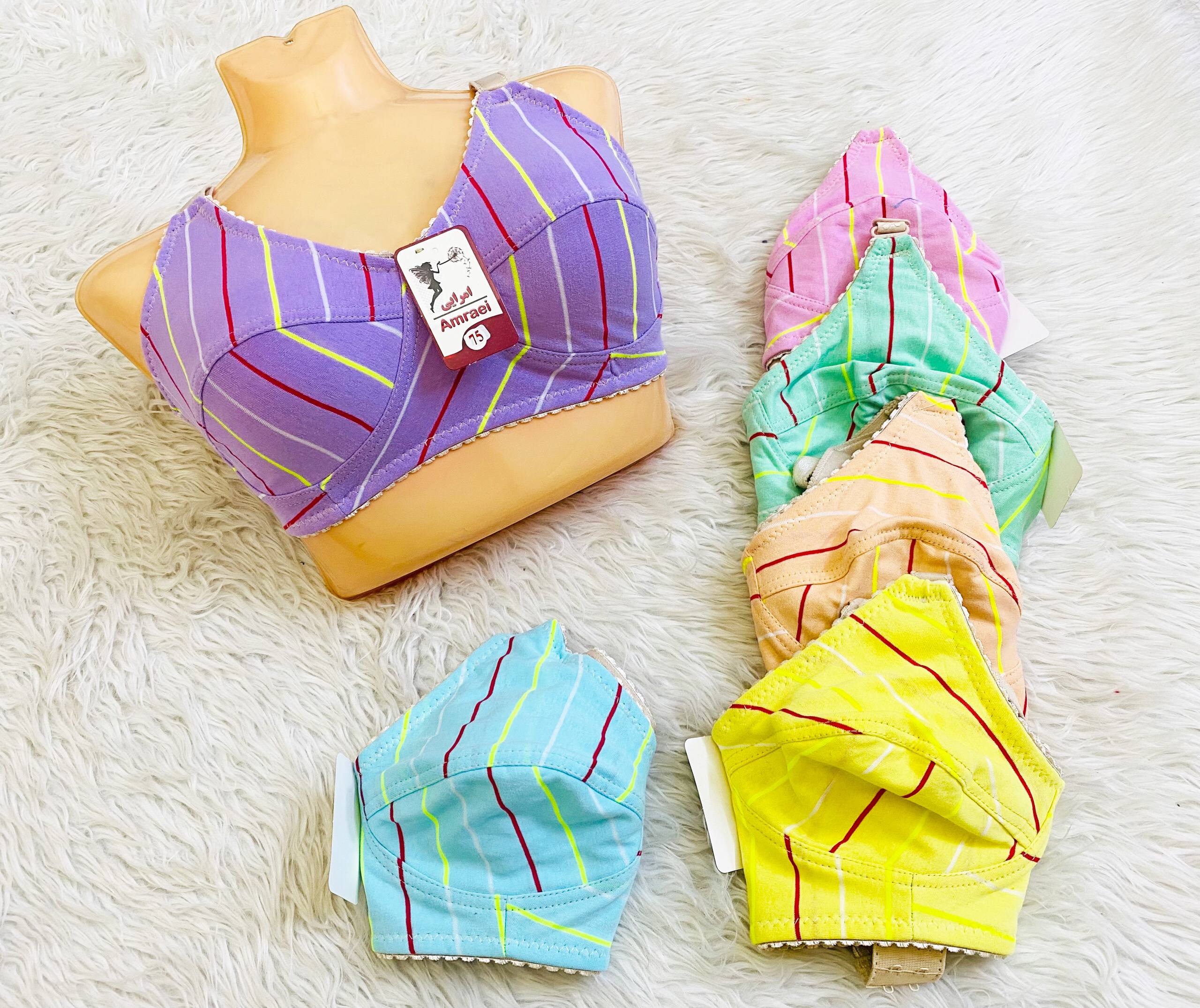 سوتین زنانه نخی راه راه رنگین کمان کش باریک سایز75تا85 کد20235🌺جین ۱۲ تايی